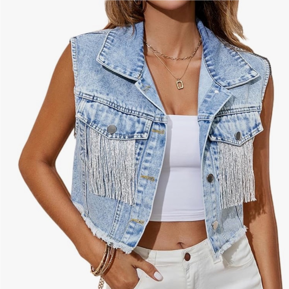 NEW WO Tags Kissonic Fringe Denim Vest